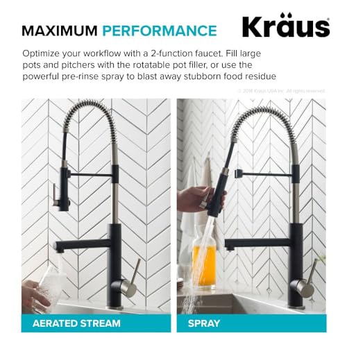 Kraus KPF-1603SFSMB Artec Pro 2-Function Commercial Style Pre-Rinse Kitchen Faucet with Pull-Down Spring Spout and Pot Filler, 24.75 inch, Spot Free Finish Stainless Steel/Matte Black