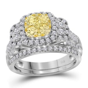 14kt White Gold Womens Round Yellow Diamond Bridal Halo Wedding Engagement Ring Band Set 1.00 Cttw