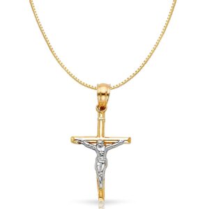 Ioka 14K Two Tone Gold Jesus Crucifix Cross Religious Charm Pendant with 0.6mm Box Chain Necklace - 16"