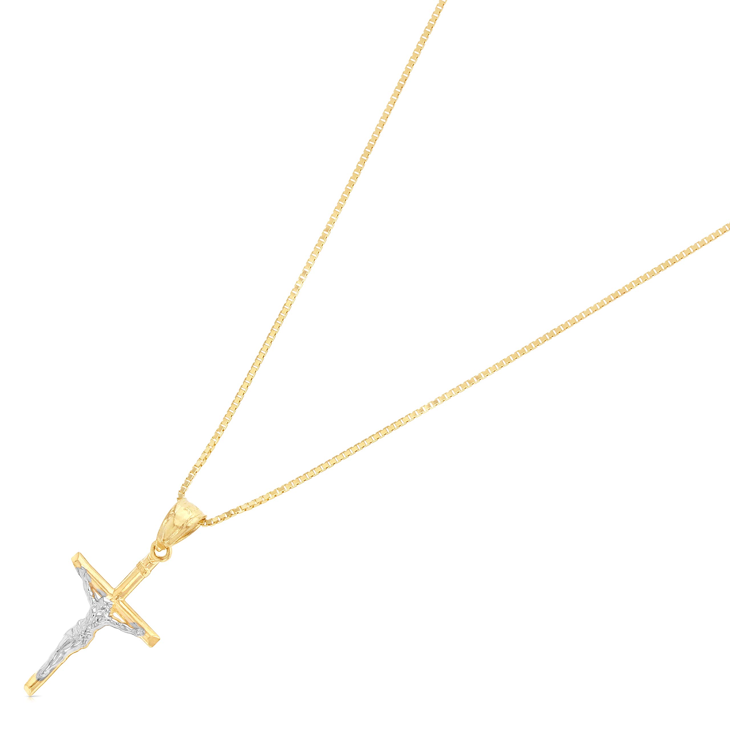 Ioka 14K Two Tone Gold Jesus Crucifix Cross Religious Charm Pendant with 0.6mm Box Chain Necklace - 16"