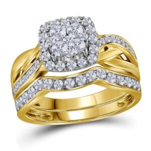 14kt yellow gold womens round diamond cluster bridal wedding engagement ring band set 1.00 cttw