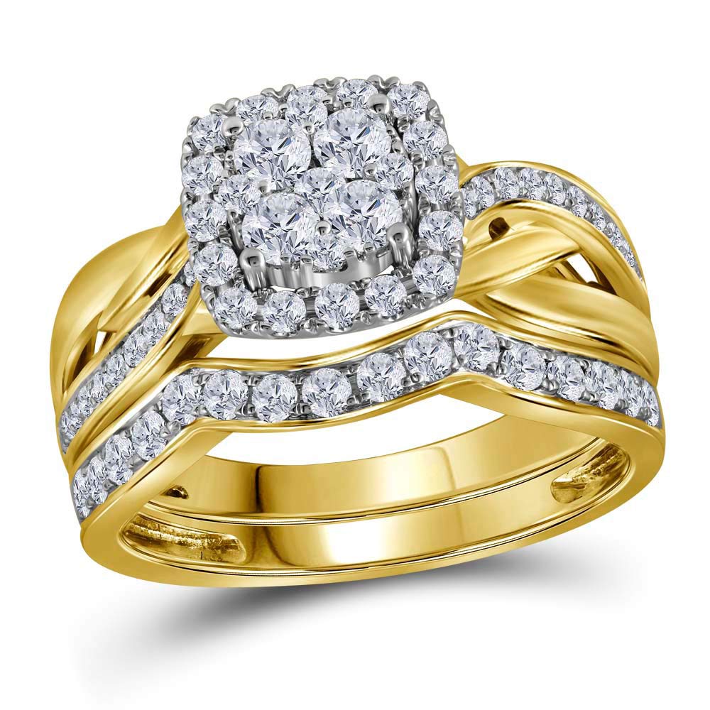 14kt Yellow Gold Womens Round Diamond Cluster Bridal Wedding Engagement Ring Band Set 1.00 Cttw