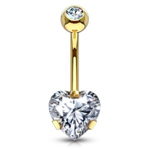 fifth cue 14g prong set 8mm heart cz 316l surgical steel naval belly button ring (gold/clear)