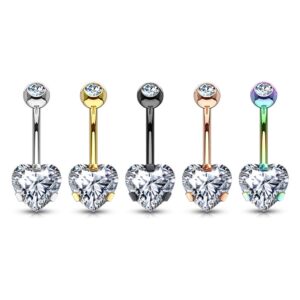 FIFTH CUE 14G Prong Set 8mm Heart CZ 316L Surgical Steel Naval Belly Button Ring (Gold/Clear)