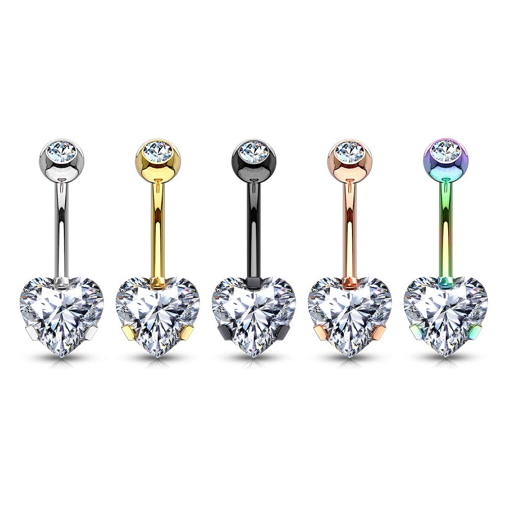 FIFTH CUE 14G Prong Set 8mm Heart CZ 316L Surgical Steel Naval Belly Button Ring (Gold/Clear)