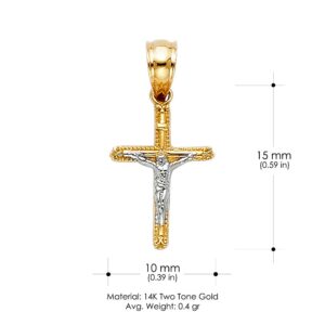 14K Two Tone Gold Jesus Crucifix Cross Religious Charm Pendant with 0.5mm Box Chain Necklace - 22"