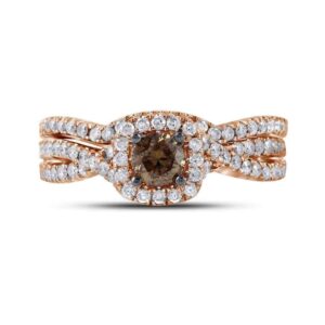 14kt Rose Gold Womens Round Cognac-brown Diamond Bridal Wedding Engagement Ring Band Set 1Cttw