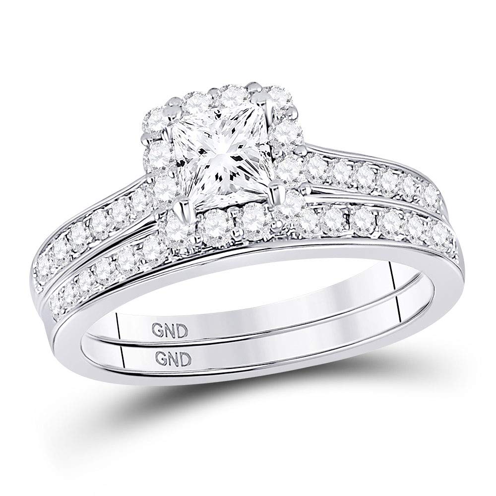 14kt White Gold Womens Princess Diamond Halo Bridal Wedding Engagement Ring Band Set 1-1/4 Cttw