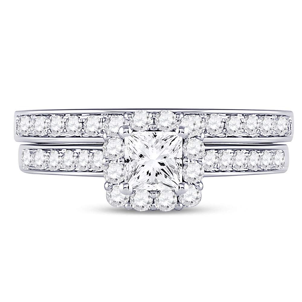 14kt White Gold Womens Princess Diamond Halo Bridal Wedding Engagement Ring Band Set 1-1/4 Cttw