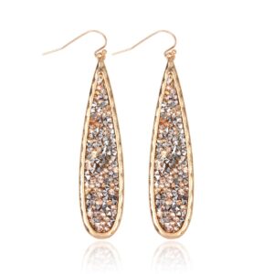 Glitter Rhinestone Statement Drop Earrings - Sparkly Crystal Geometric Metal Hook Dangles Vertical Bar, Elongated Teardrop, Shield Disc (Encrusted Jewel - Teardrop Champagne/Gold)