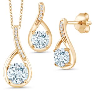 Gem Stone King 18K Yellow Gold Plated Silver Sky Blue Aquamarine and Diamond Pendant and Earrings Jewelry Set For Women (1.69 Cttw, with 18 Inch Chain)