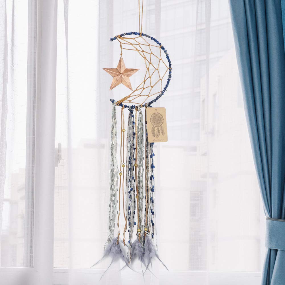 Dremisland Blue Dream Catcher Handmade Half Circle Moon Design Dream Catcher Feather Hanging with Star Home Decoration Ornament Festival Gift (Moon& Star)