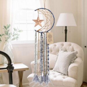 Dremisland Blue Dream Catcher Handmade Half Circle Moon Design Dream Catcher Feather Hanging with Star Home Decoration Ornament Festival Gift (Moon& Star)