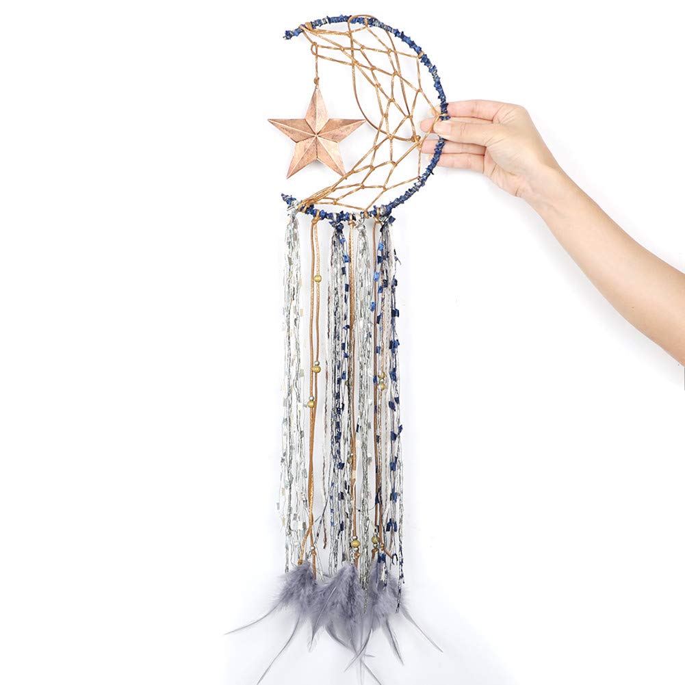 Dremisland Blue Dream Catcher Handmade Half Circle Moon Design Dream Catcher Feather Hanging with Star Home Decoration Ornament Festival Gift (Moon& Star)