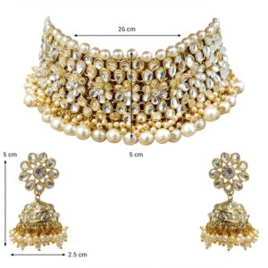 Aheli Elegant Indian Traditional Wedding Wear Kundan Pearl Encrusted Choker Necklace Set with Jhumki Earrings Ethnic Bollywood Party for Women (White)