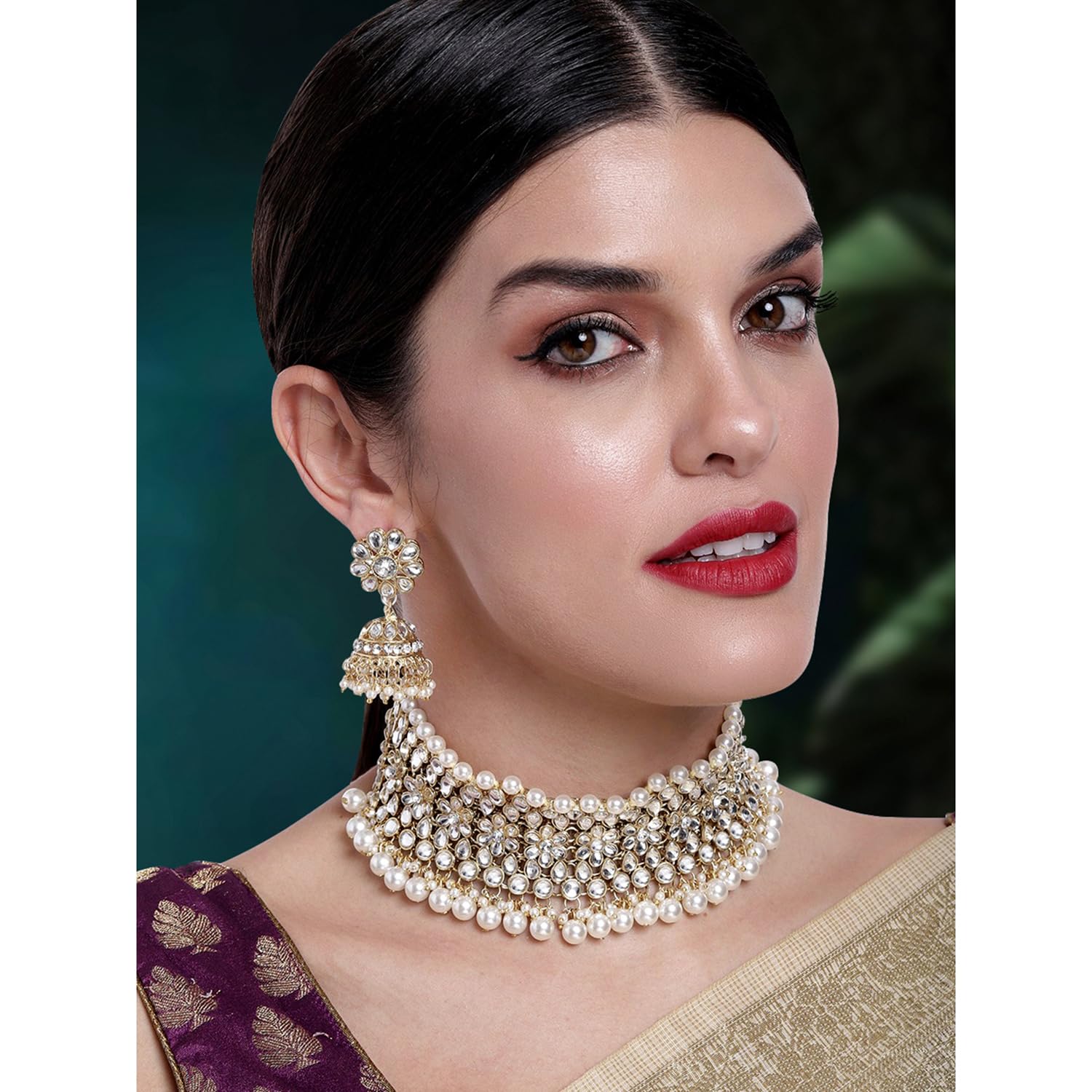 Aheli Elegant Indian Traditional Wedding Wear Kundan Pearl Encrusted Choker Necklace Set with Jhumki Earrings Ethnic Bollywood Party for Women (White)