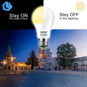 HEKEE Dusk to Dawn Sensor Light Bulbs LED A19 810 Lumens, Outdoor Porch Lights, 60 Watt Equivalent, Warm White 2700K Soft White Security Bulb(Auto on/off), E26 Screw Base(4 Pack)