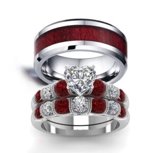 IOU Two Rings His Hers Wedding Ring Sets Couples Rings Women's 2pc White Gold Filled Red CZ Wedding Engagement Ring Bridal Sets & Men's Tungsten Carbide Wedding Band