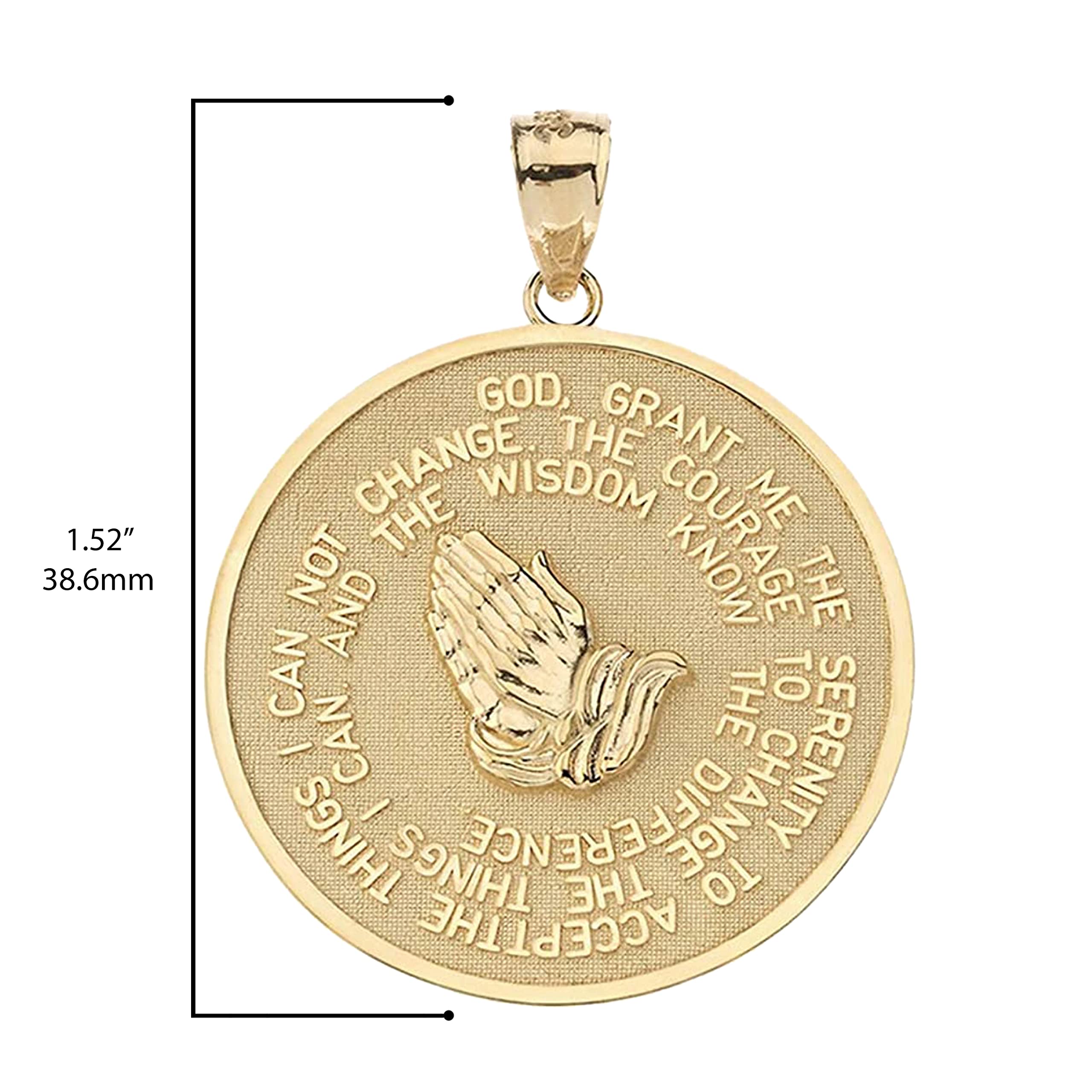 10K Yellow Gold Round Serenity Prayer and Lord's Prayer with Praying Hands Medal Style Medallion Charm Pendant - Size Large