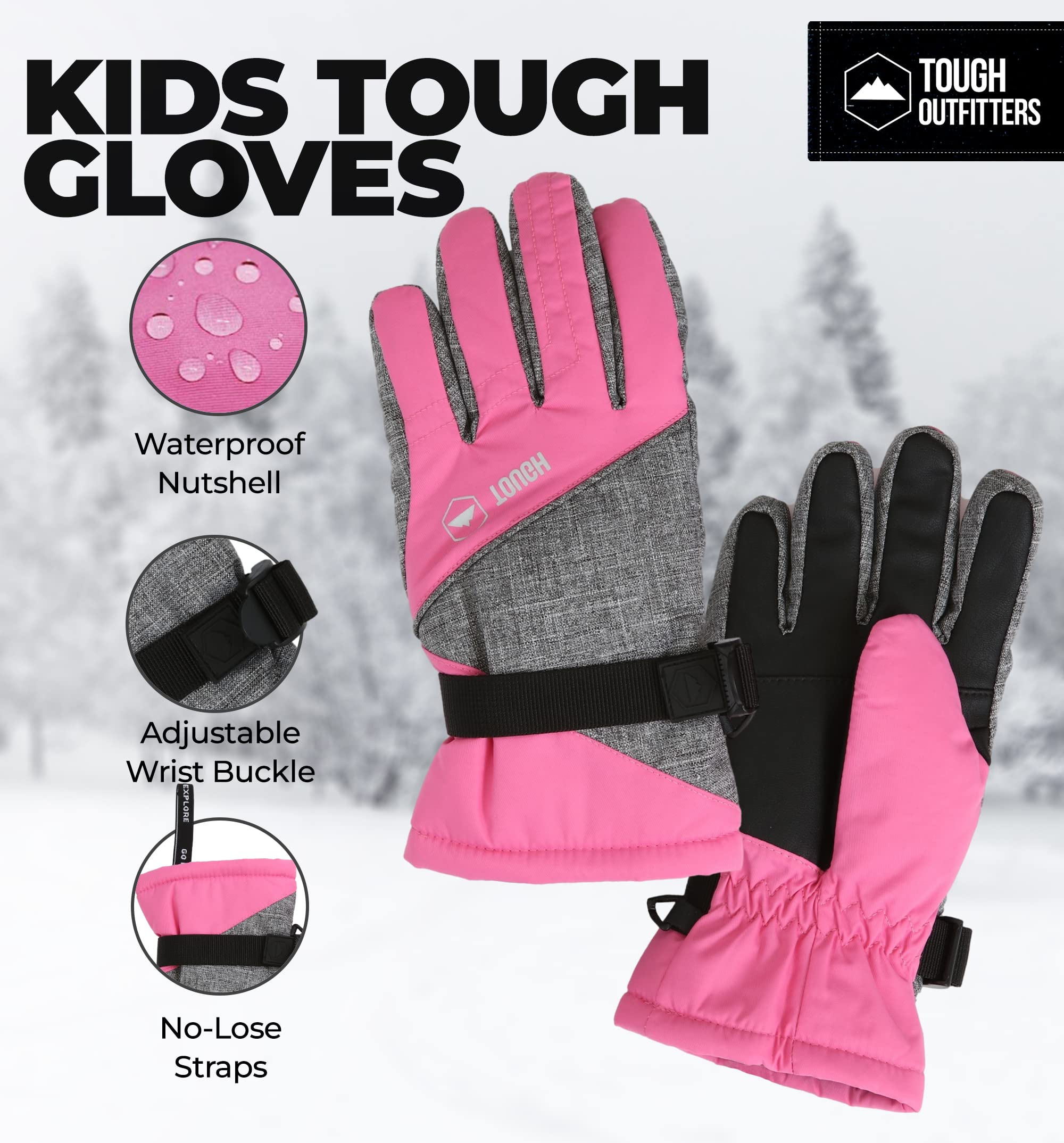 Tough Outdoors Kids Snow Gloves - Kids Ski Gloves & Youth Winter Gloves - Girls, Boys Snow Gloves - Insulated Waterproof Snow Gloves - Cold Weather Youth Ski Gloves - Skiing Gloves for Kids