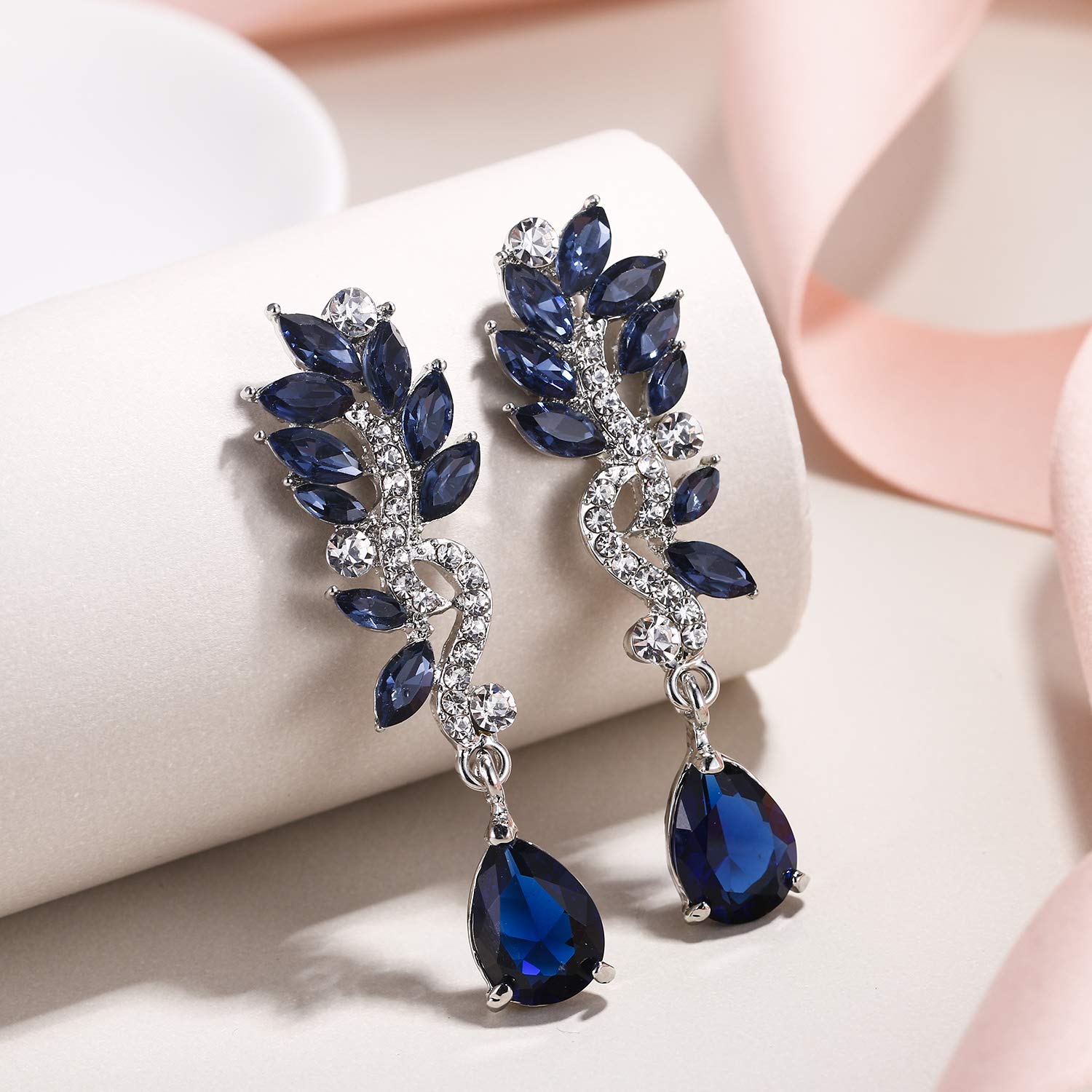 EVER FAITH Women's Austrian Crystal Prom Chandelier Teardrop Marquise Dangle Earrings Blue Silver-Tone