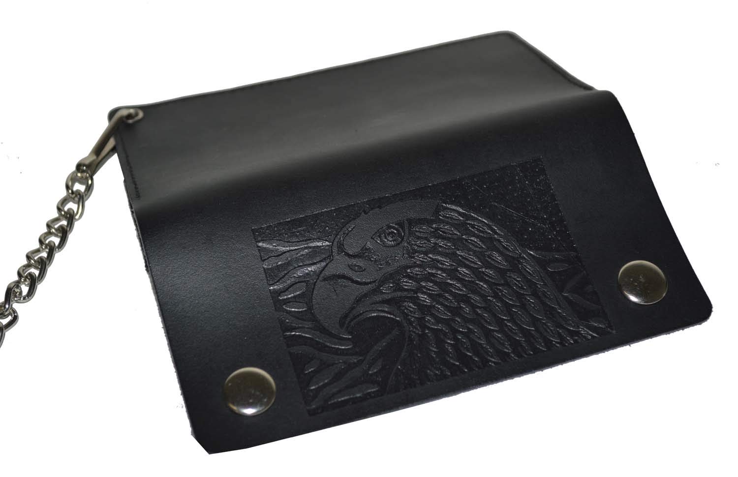 Leatherboss Genuine Leather Men Trifold Eagle Biker Chain Wallet Credit Card Holder for Motorcycle Bikers Truckers