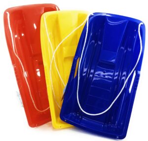 matty's toy stop 26" heavy duty plastic snow sled toboggan with tow rope for kids red, yellow & blue gift set bundle - 3 pack