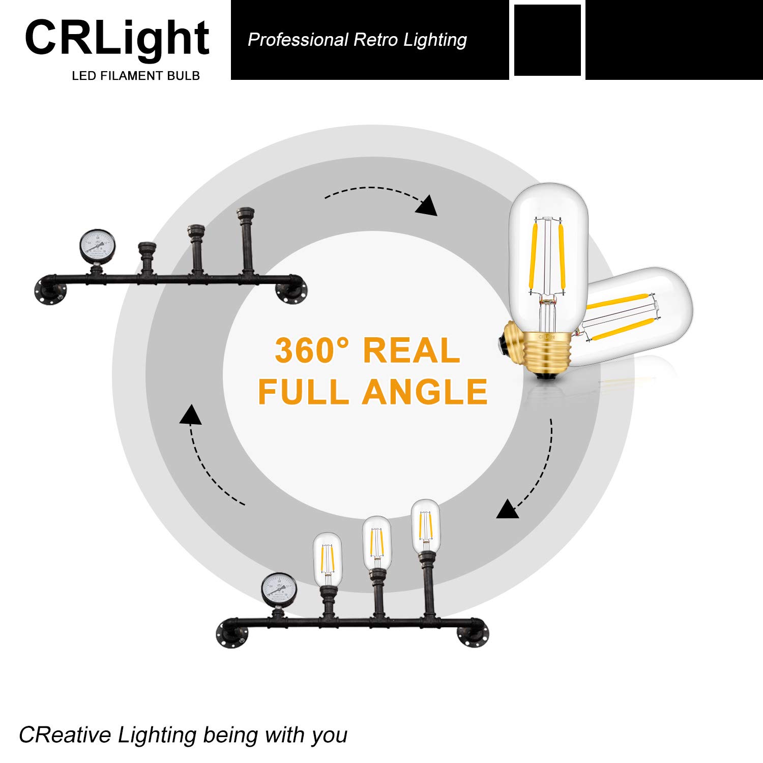 CRLight T14 Tubular LED Filament E26 Bulb, 2W 25W Equivalent 250LM 2700K Warm White, 6 Pack Dimmable Light Bulbs