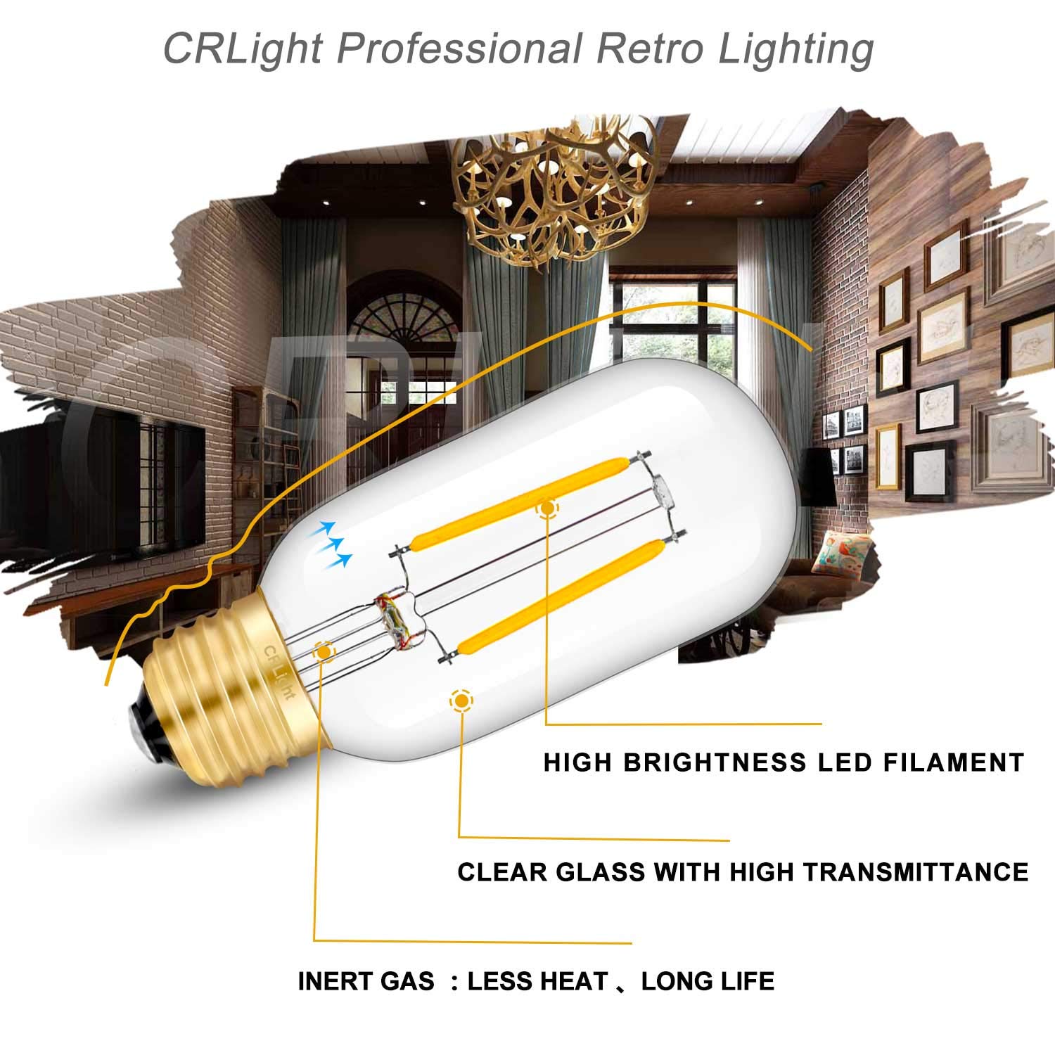 CRLight T14 Tubular LED Filament E26 Bulb, 2W 25W Equivalent 250LM 2700K Warm White, 6 Pack Dimmable Light Bulbs