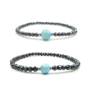 lii ji natural dominican blue green larimar hematite beads 2pcs (rubber 6 inch and 8 inch)