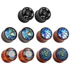 TBOSEN 5 Pairs Set Gauges Wood Tunnels Earrings Zircon Stone Body Jewelry Stretching Tapers Expanders Wooden Ear Plugs