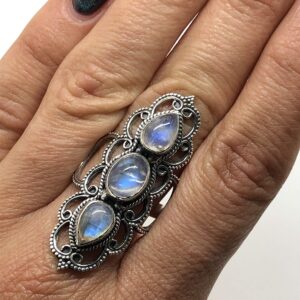 Koral Jewelry Moonstone 3 Stones Ethnic Vintge Gipsy Multi Stone Ring 925 Sterling Silver Vintage Tribal Gipsy Boho Chic (7)