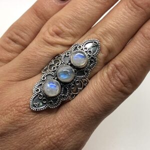 Koral Jewelry Moonstone 3 Stones Ethnic Vintge Gipsy Multi Stone Ring 925 Sterling Silver Vintage Tribal Gipsy Boho Chic (7)