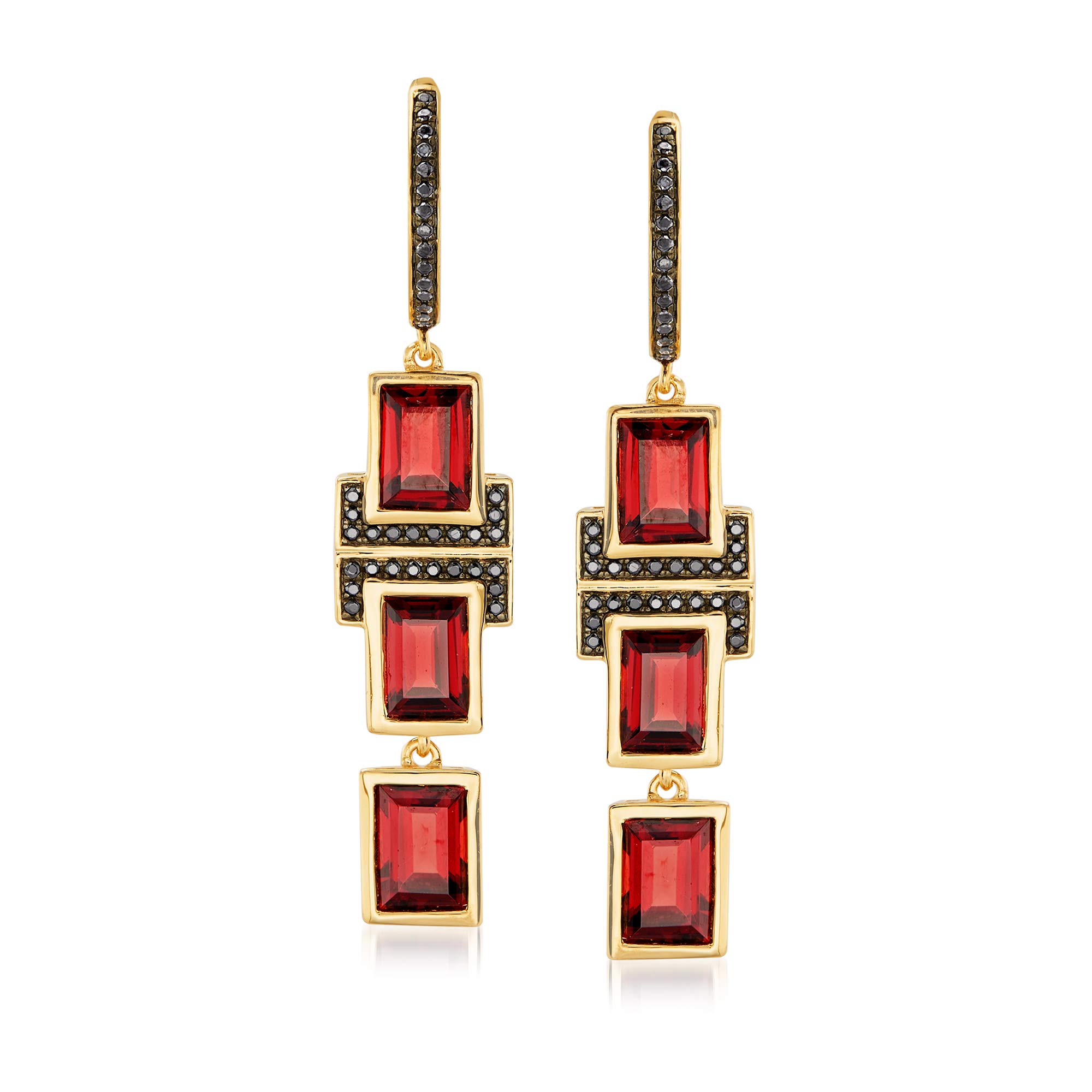 Ross-Simons 6.50 ct. t.w. Garnet and .20 ct. t.w. Black Spinel Drop Earrings in 18kt Gold Over Sterling