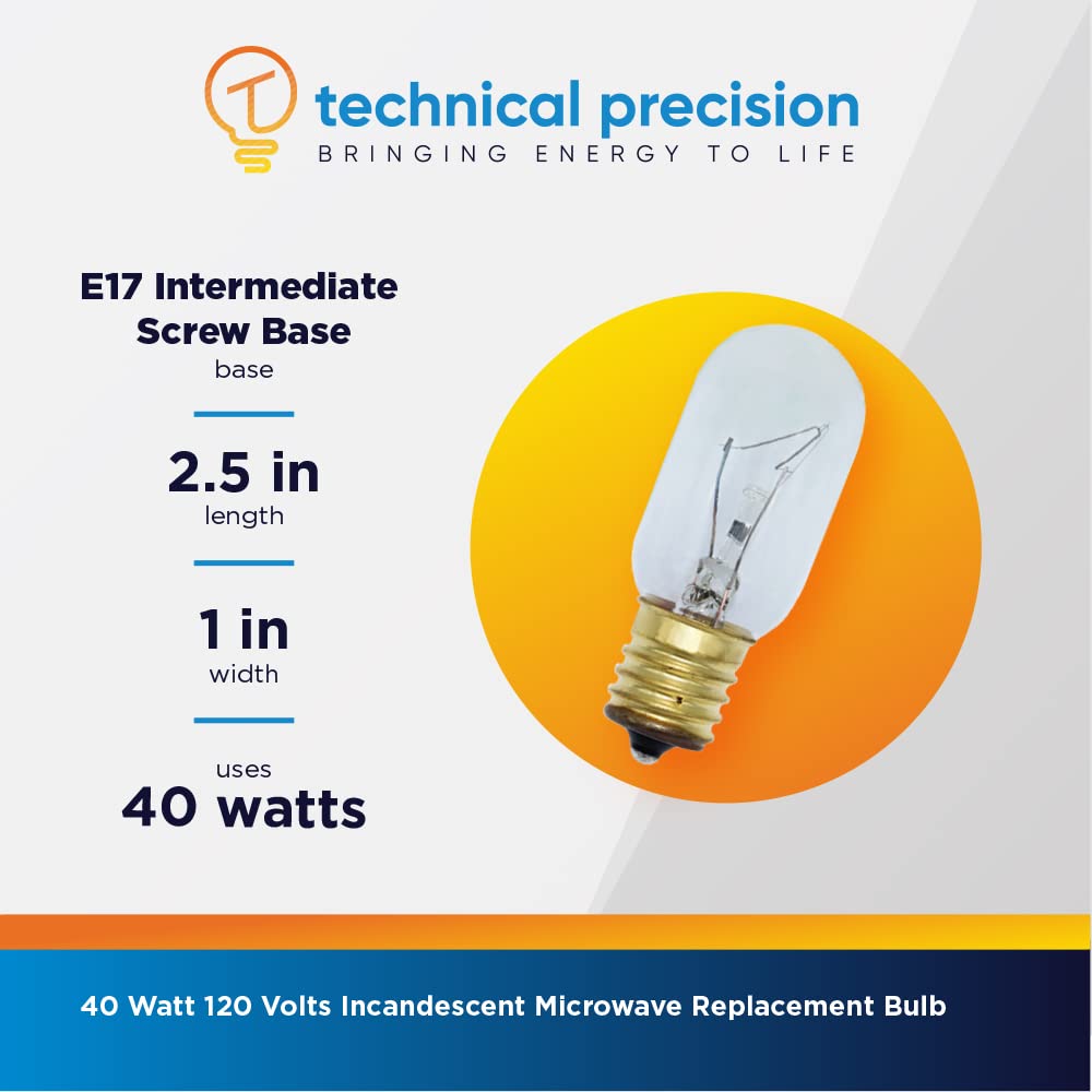 40W 120V Replacement for Whirlpool 8206232A Bulb by Technical Precision - T8 Incandescent Microwave Replacement Bulbs - Replaces 125V 40W Appliance Bulb for Range Hood & Oven - E17 Screw Base - 2 Pack