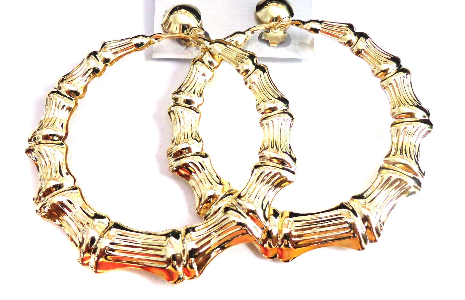 Clip on Bamboo Hoop Earrings Clip Hoop Earrings Gold or Silver tone 3.5 inch Hoops (Gold)