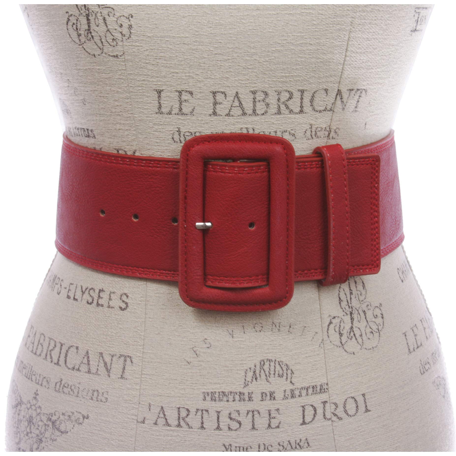 Women's 3" Wide High Waist Fashion Stitch Rectangular Leather Belt, Red | M/L - 36"