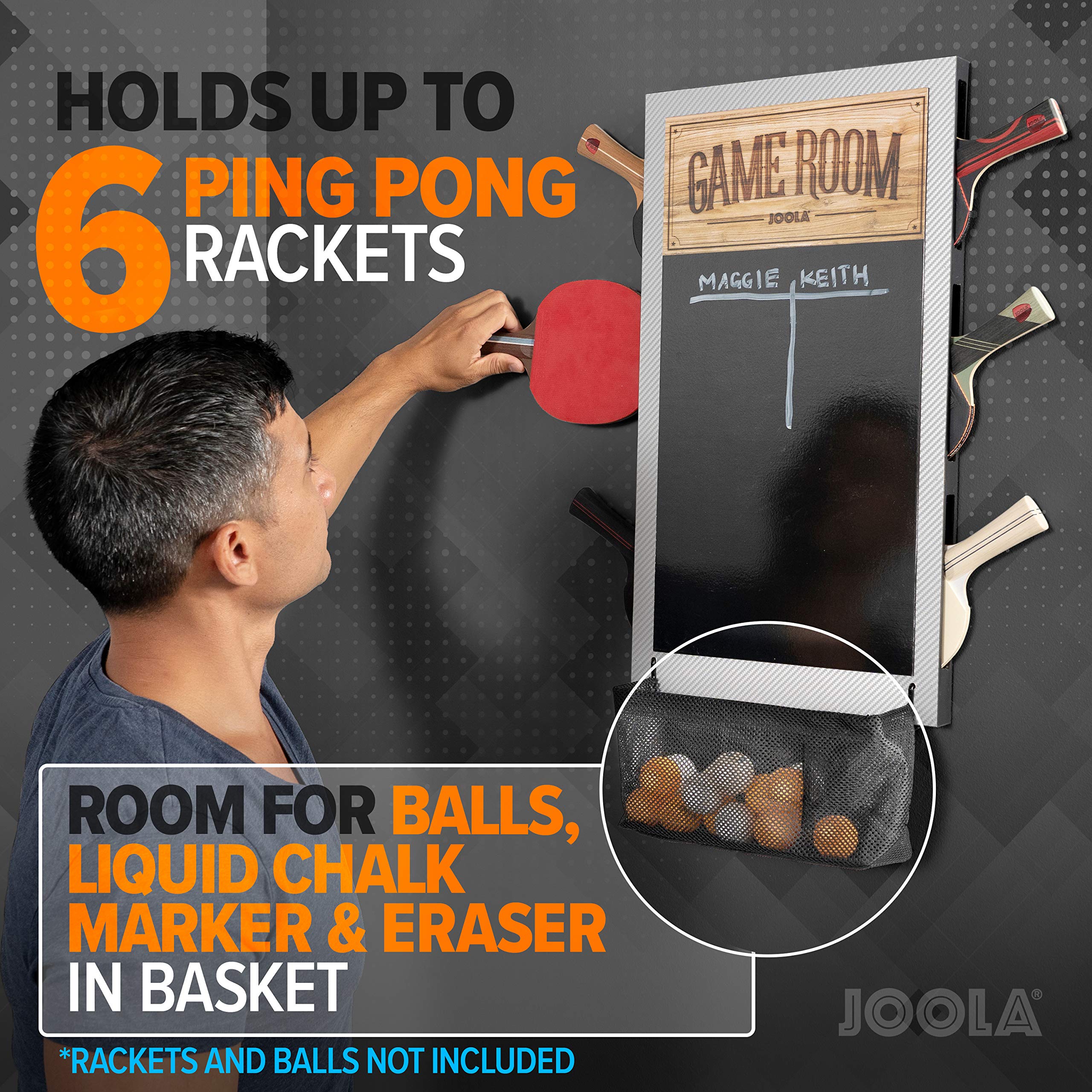 JOOLA Game Room Organizer with Ping Pong Paddle Holder, Table Tennis Ball Basket, Scoreboard, and Chalkboard