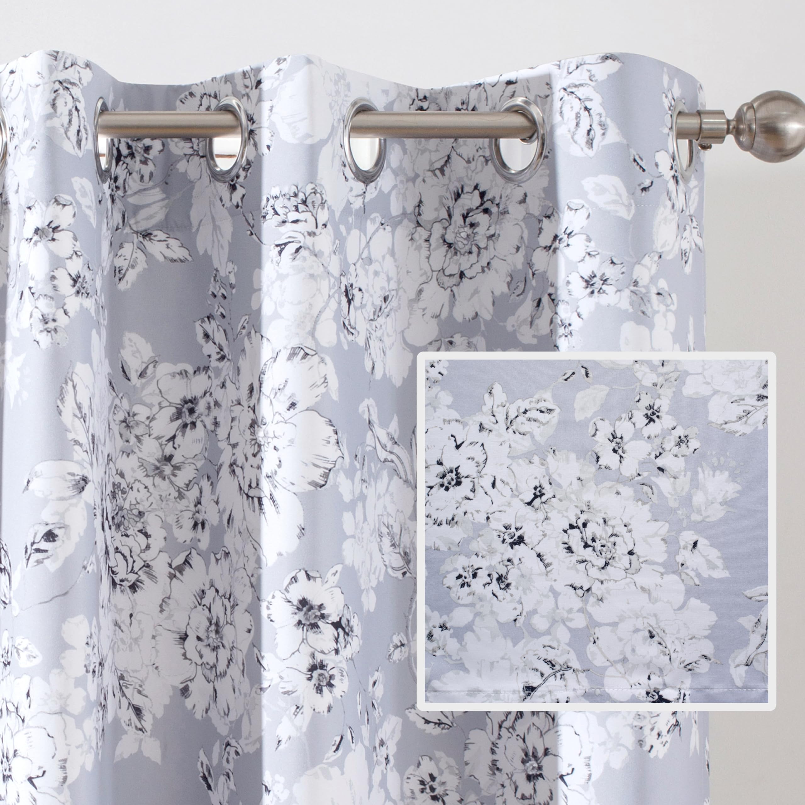 DriftAway Flower Floral Pencil Sketch Blackout Room Darkening Grommet Lined Thermal Insulated Energy Saving Window Curtains 2 Layer Set of 2 Panels Each 52 Inch by 84 Inch Gray and Soft White