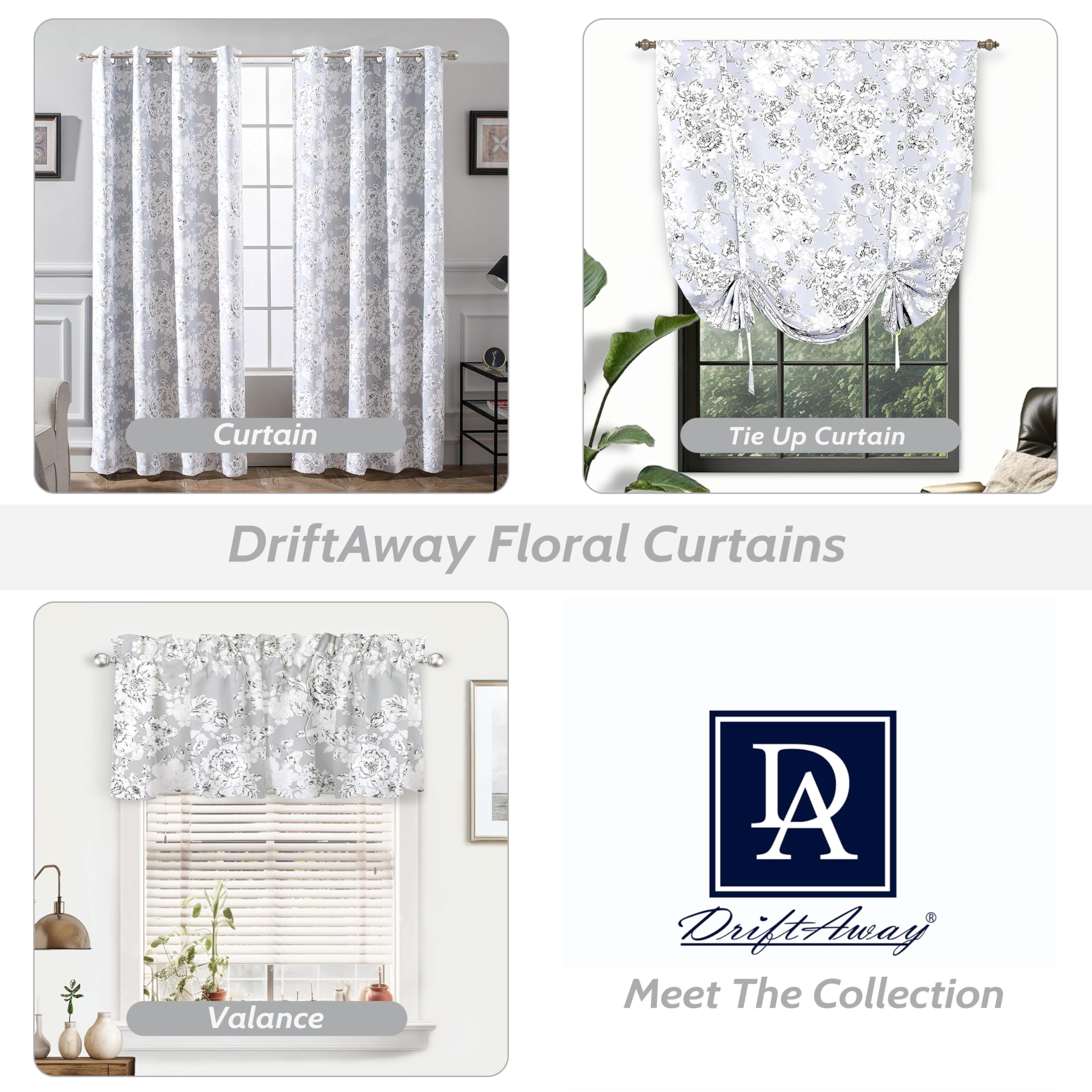 DriftAway Flower Floral Pencil Sketch Blackout Room Darkening Grommet Lined Thermal Insulated Energy Saving Window Curtains 2 Layer Set of 2 Panels Each 52 Inch by 84 Inch Gray and Soft White