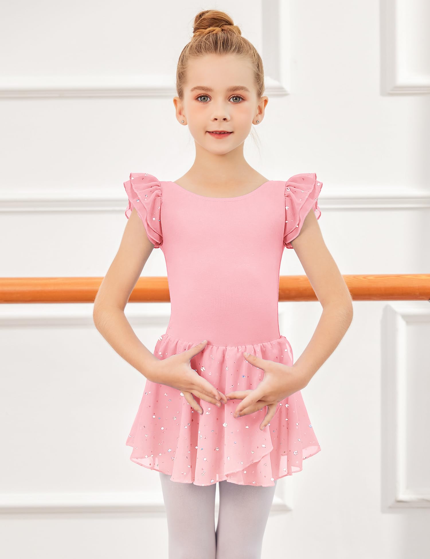 Arshiner Girls Ruffle Sleeve Ballet Dance Dress Tutu Skirted Leotard, 4-5 Years, Ballet Pink