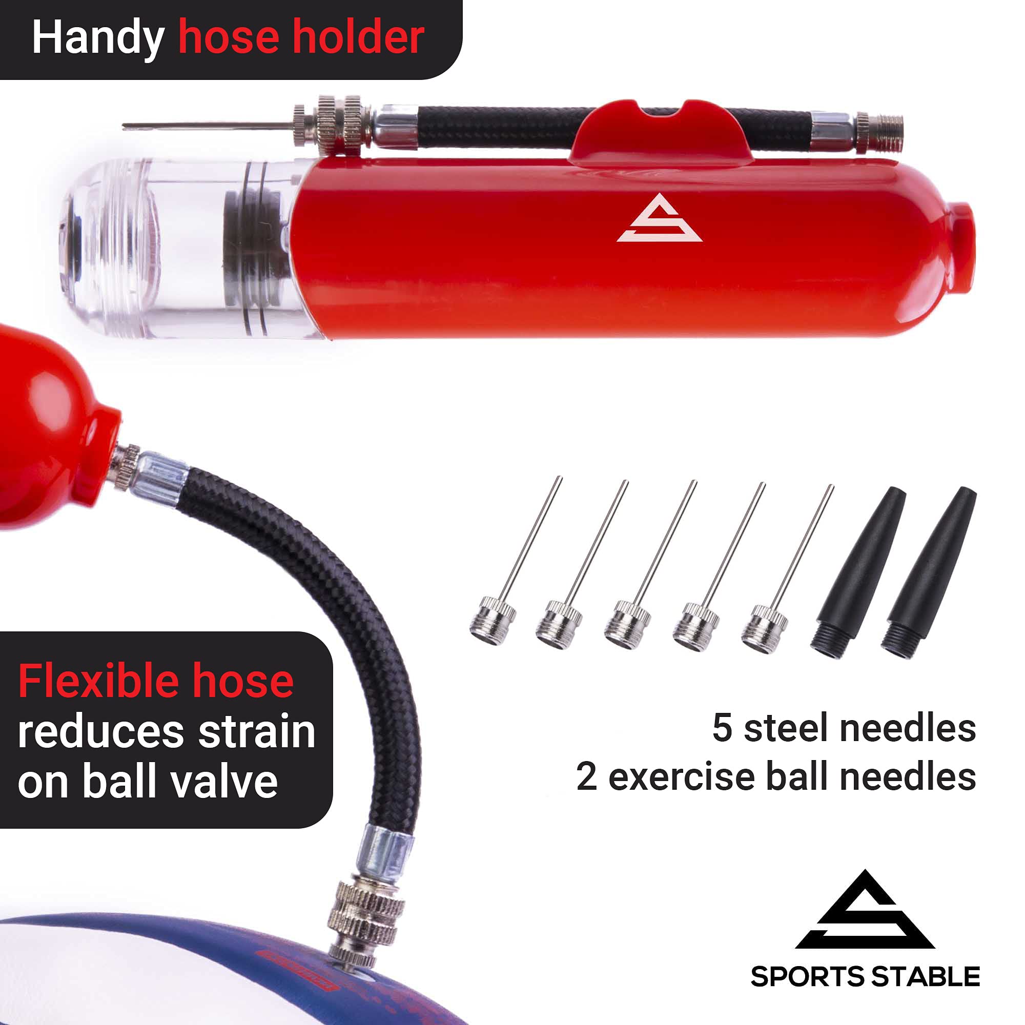 Sports Stable Dual Action Ball Pump Comes with 5 Standard Needles and 2 Plastic Adaptors for Your Football, Basketball, Soccerball, Volleyball, Handball