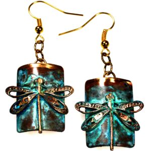 Elaine Coyne Verdigris Patina Solid Brass Dragonfly on Rectangle Dangle Earrings