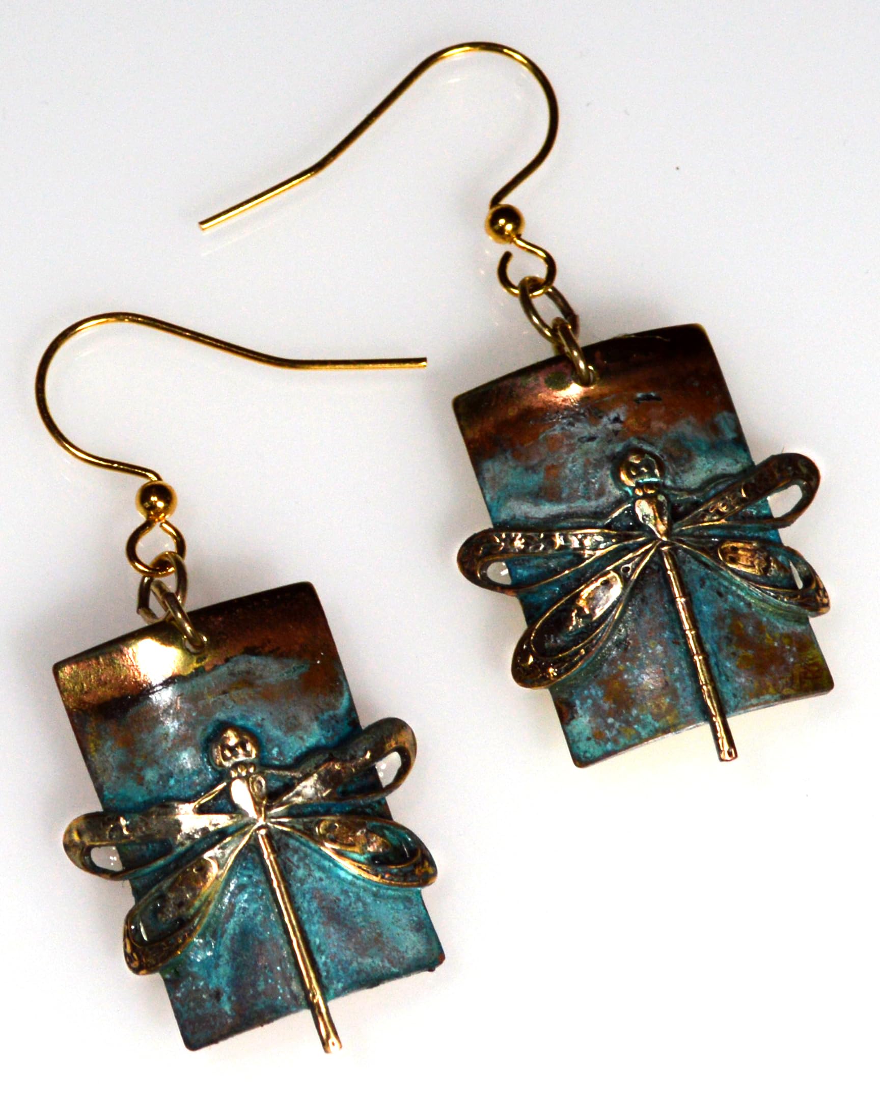 Elaine Coyne Verdigris Patina Solid Brass Dragonfly on Rectangle Dangle Earrings