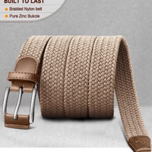 BULLIANT Stretch Belt Men,Mens Gift Woven Braided Web Belt 1 3/8 for Golf Casual Pants Shirts Jeans(Beige,30"-34" Waist Adjustable)