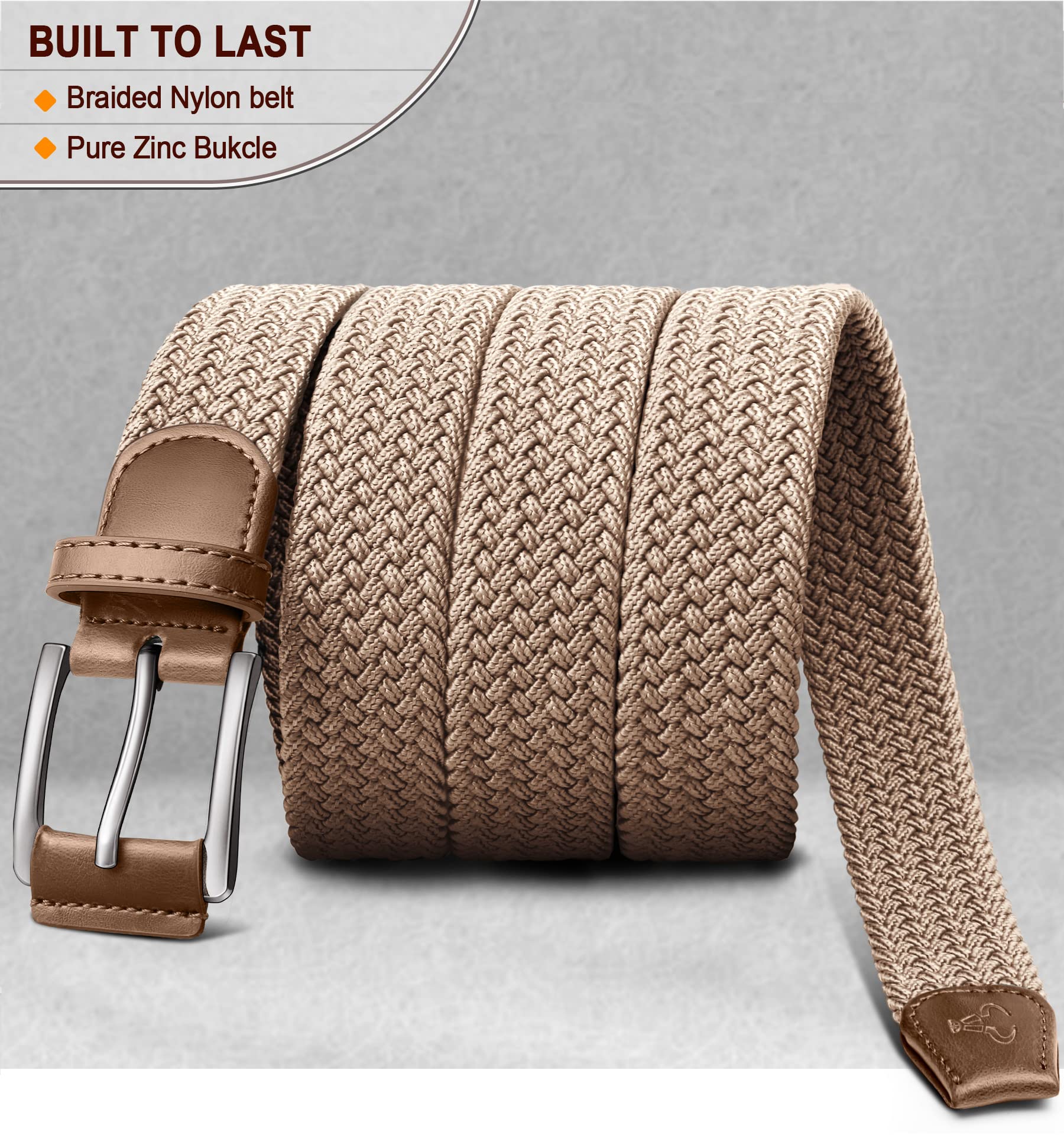 BULLIANT Stretch Belt Men,Mens Gift Woven Braided Web Belt 1 3/8 for Golf Casual Pants Shirts Jeans(Beige,30"-34" Waist Adjustable)