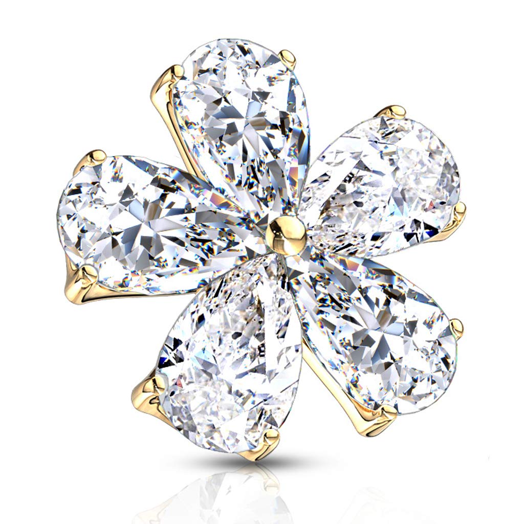 FIFTH CUE 14G Five Pear CZ Flower 316L Surgical Steel Internally Threaded Dermal Anchor Top (Gold/Clear)