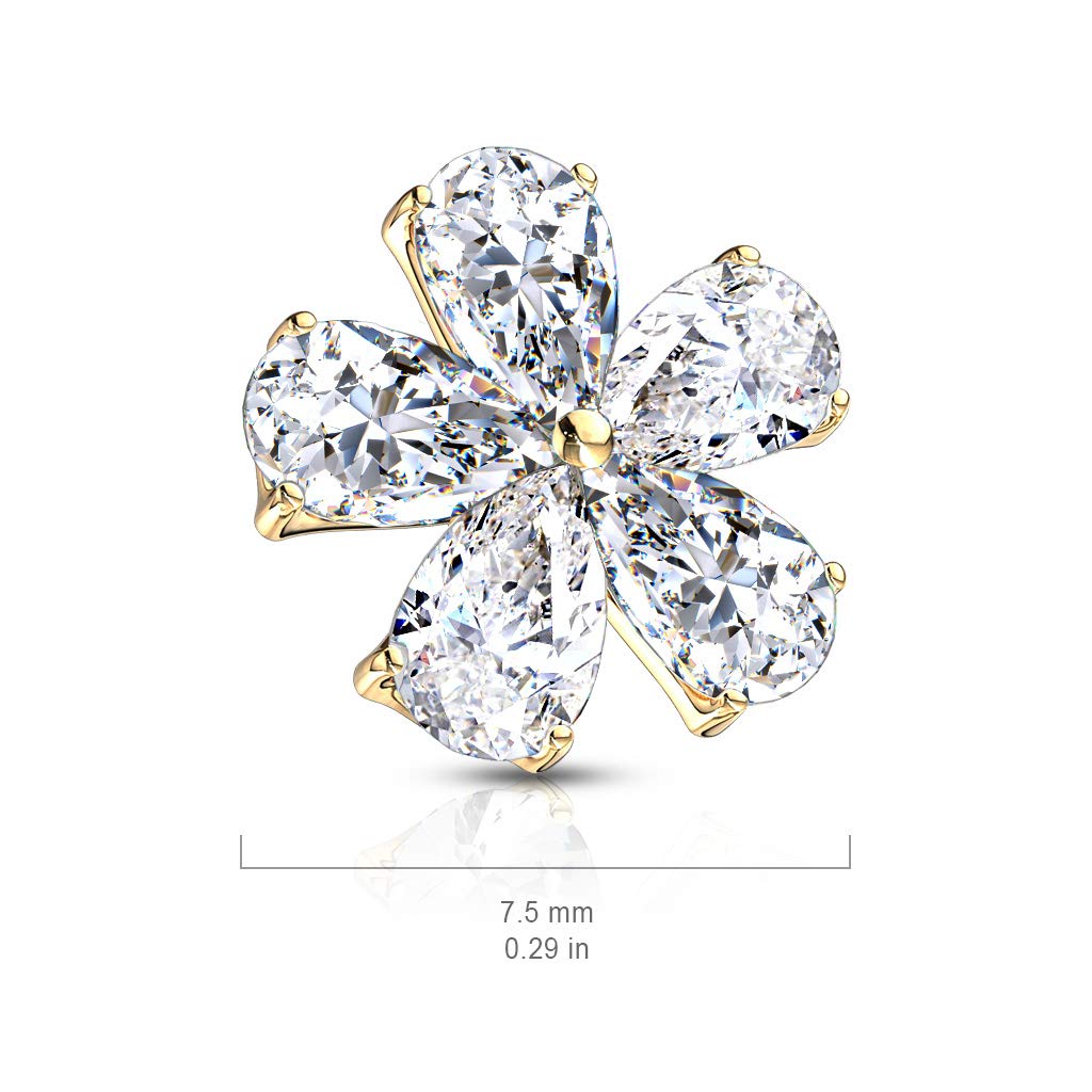 FIFTH CUE 14G Five Pear CZ Flower 316L Surgical Steel Internally Threaded Dermal Anchor Top (Gold/Clear)