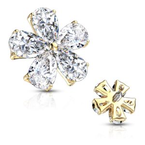 FIFTH CUE 14G Five Pear CZ Flower 316L Surgical Steel Internally Threaded Dermal Anchor Top (Gold/Clear)