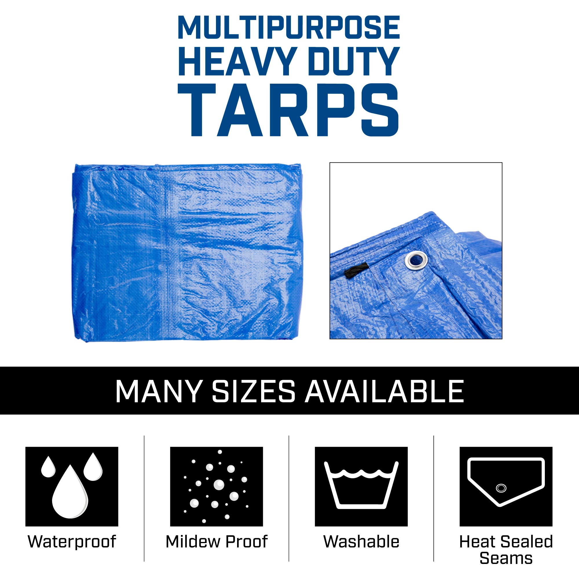 Grizzly Tarps by B-Air 8' x 10' Large Multi-Purpose Waterproof Heavy Duty Poly Tarp with Grommets Every 36", 8x8 Weave, 5 Mil Thick, for Home, Boats, Cars, Camping, Protective Cover, Pack of 4, Blue